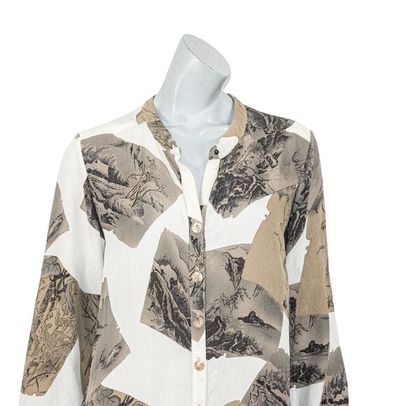 Citron of Santa Monica Women's 100% Silk blouse mandarin collar mountain print M - Picture 7 of 7